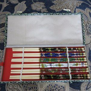 Chinese cloisonné chopsticks floral design in black, red, blue, green and white